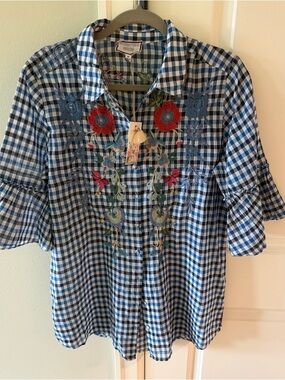 Johnny Was Taryn Blue and White Embroidered Shirt with Red Floral Accents